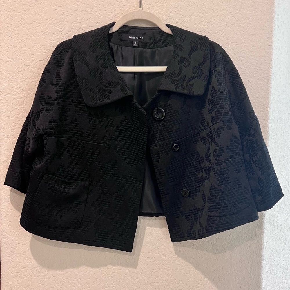 Nine West Black Jacquard Cropped Cape Jacket | Size 8 | 3/4 Bell Sleeves